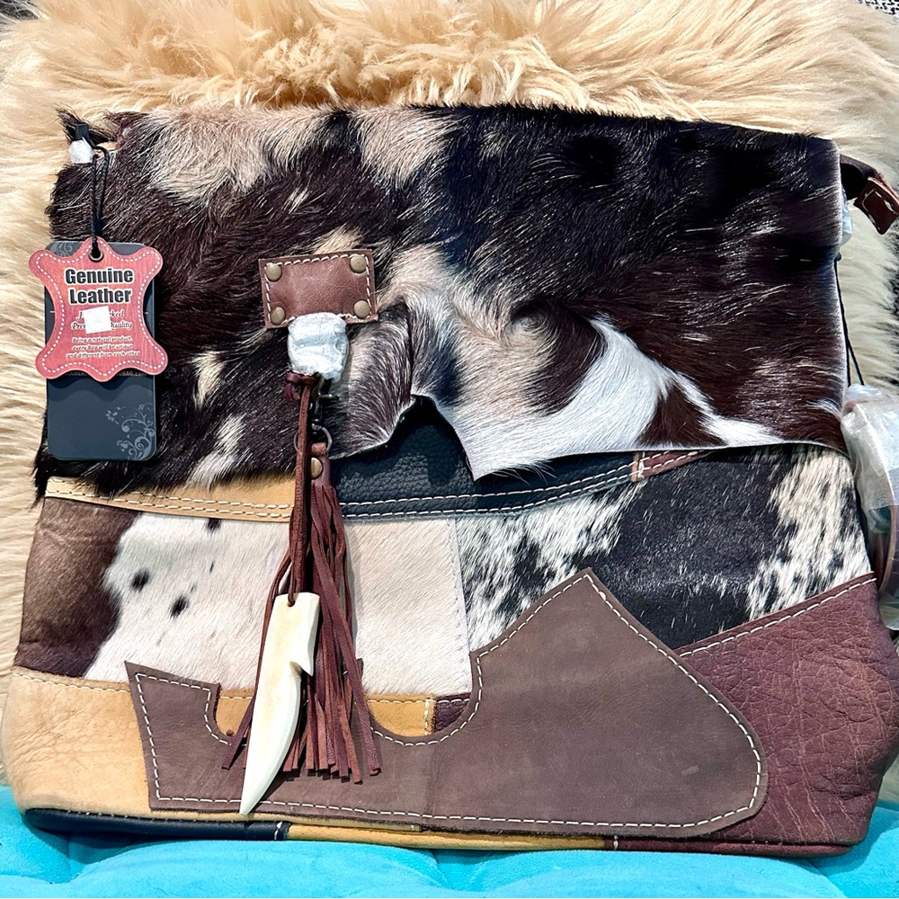 Genuine Leather Patchwork Bag - Brown and Tan